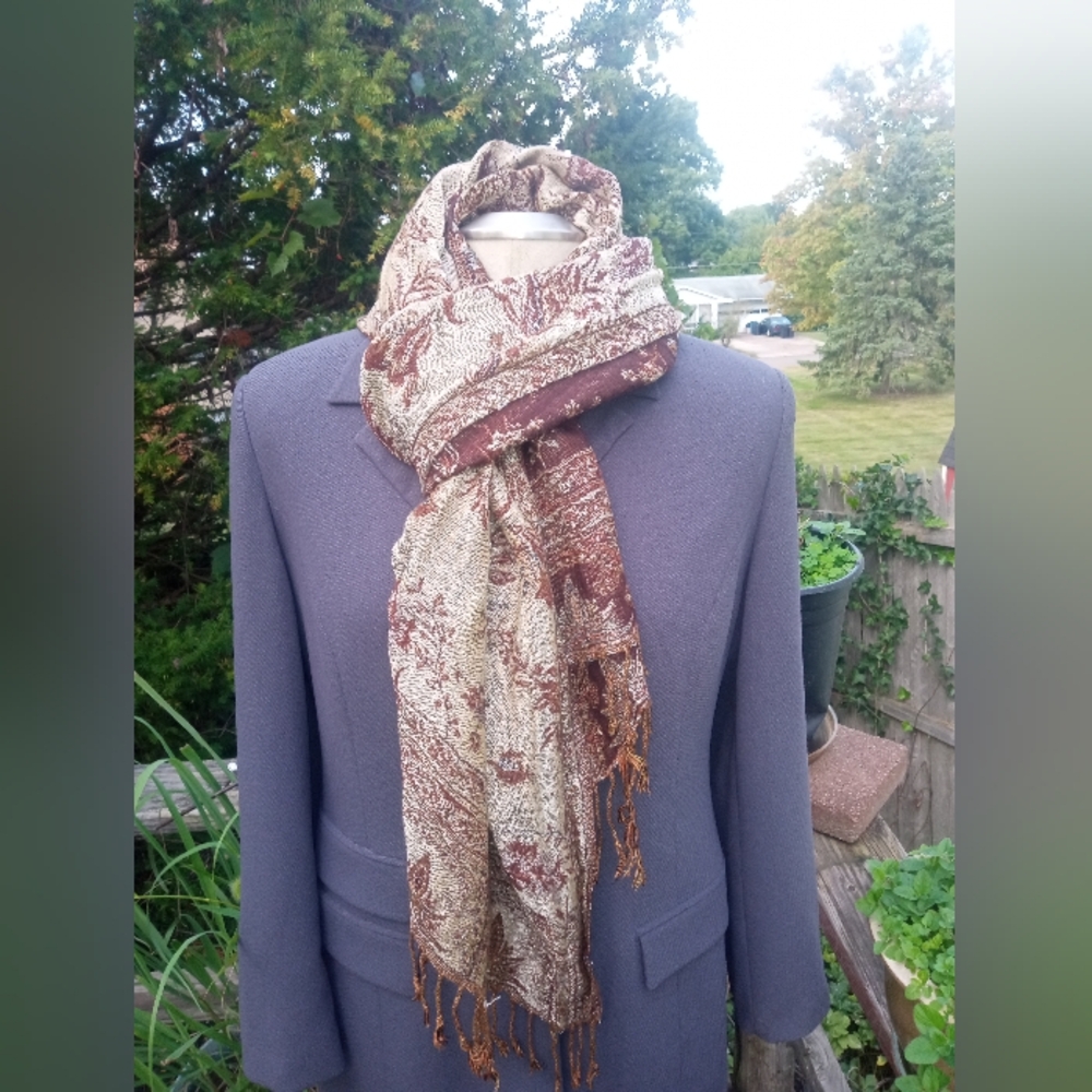 Pashima woven dressy shawl/scarf, in hues of brown, tan and maroons.  72"X27"